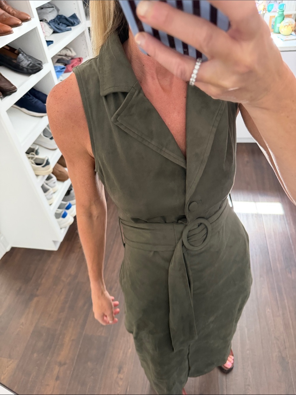 Avara Sleeveless Belted Midi Faux Suede Dress in Olive Green XS - Picture 2 of 6